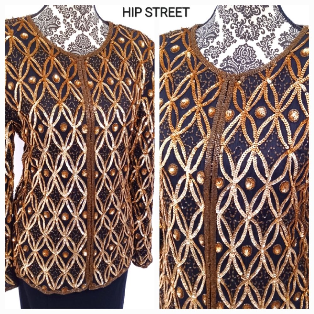 MARK & JOHN BY SAM Vintage Silk and Gold Sequins & Beads LS Evening Jacket L